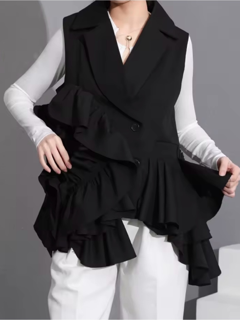 Black Ruffled Peplum Vest - Picture 2 of 3